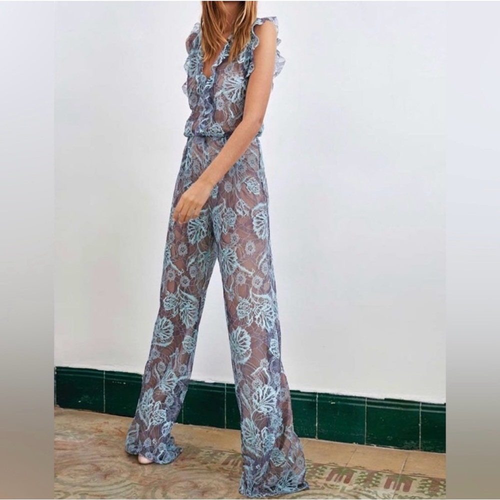 ALEXIS Intermix “Sibyle” Sistine blue lace tan ruffle boho flirty jumpsuit S